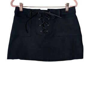 Dolls Kill Club Exx Skirt Medium Black Cowgirl Crusader Lace-Up Mini Faux Suede